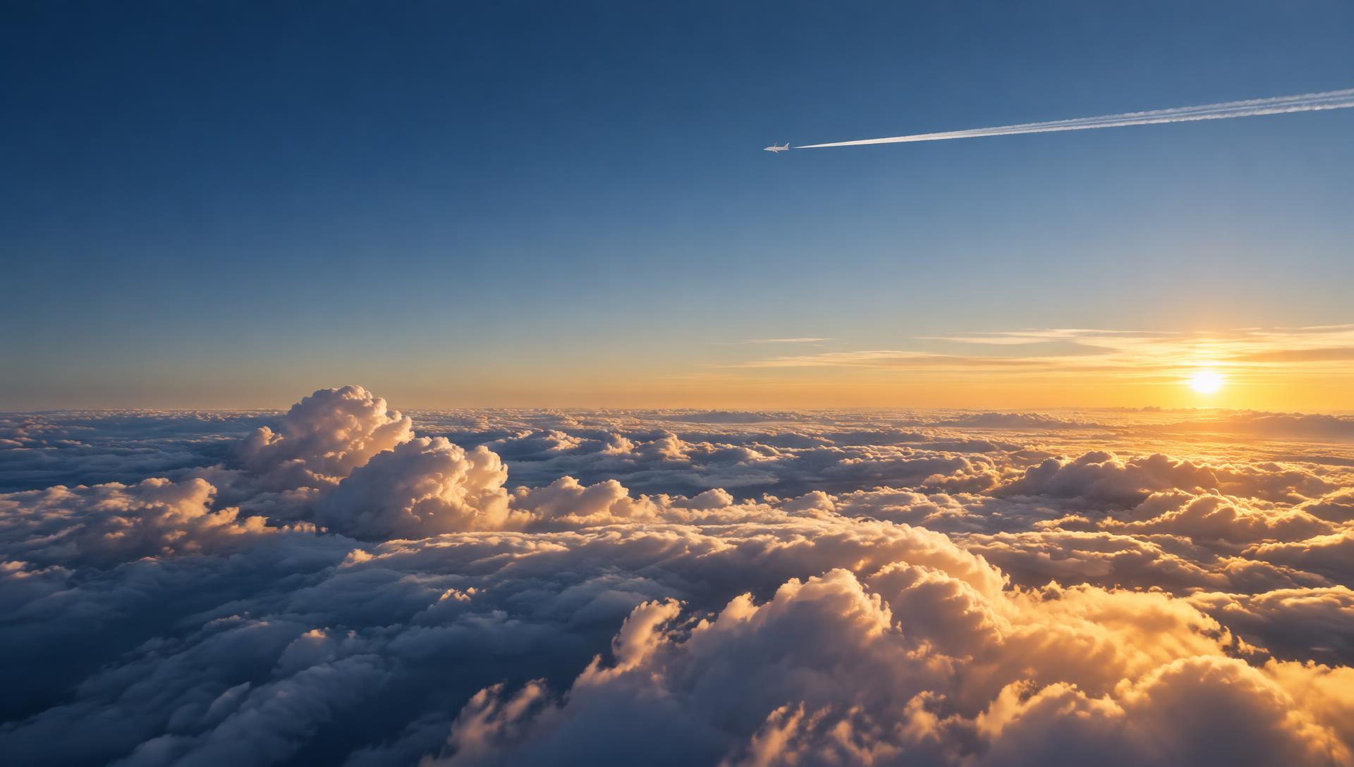 Above a sea of clouds at golden hour, a distant airliner draws a contrail