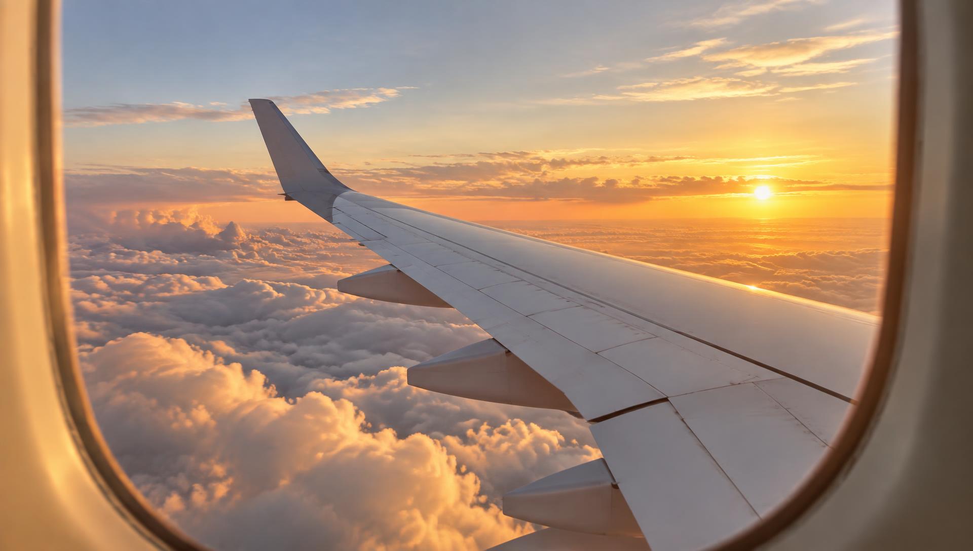View from an airliner window over the wing at sunrise